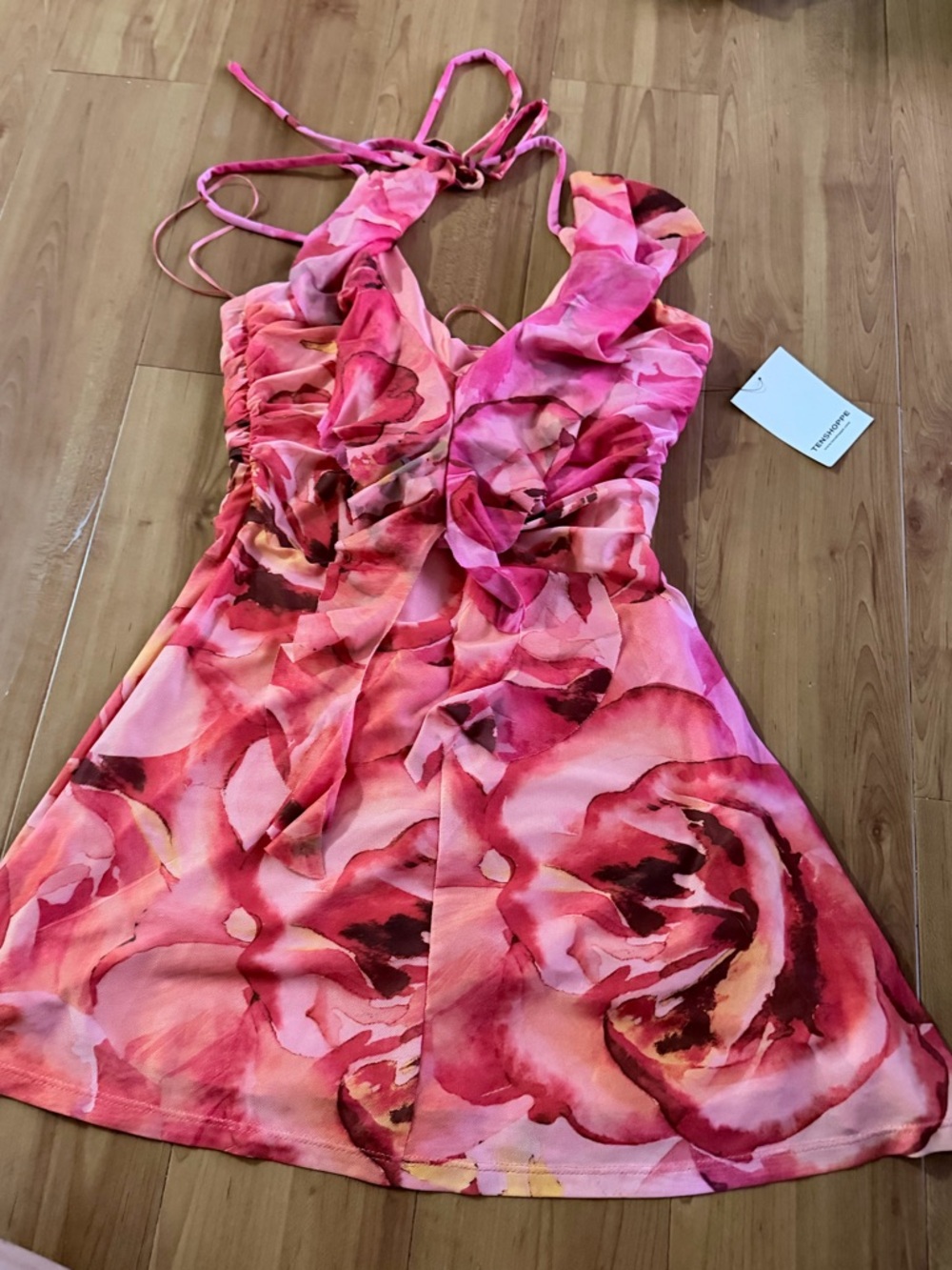 blanc noir Pink & Red Floral Halter Mini Dress